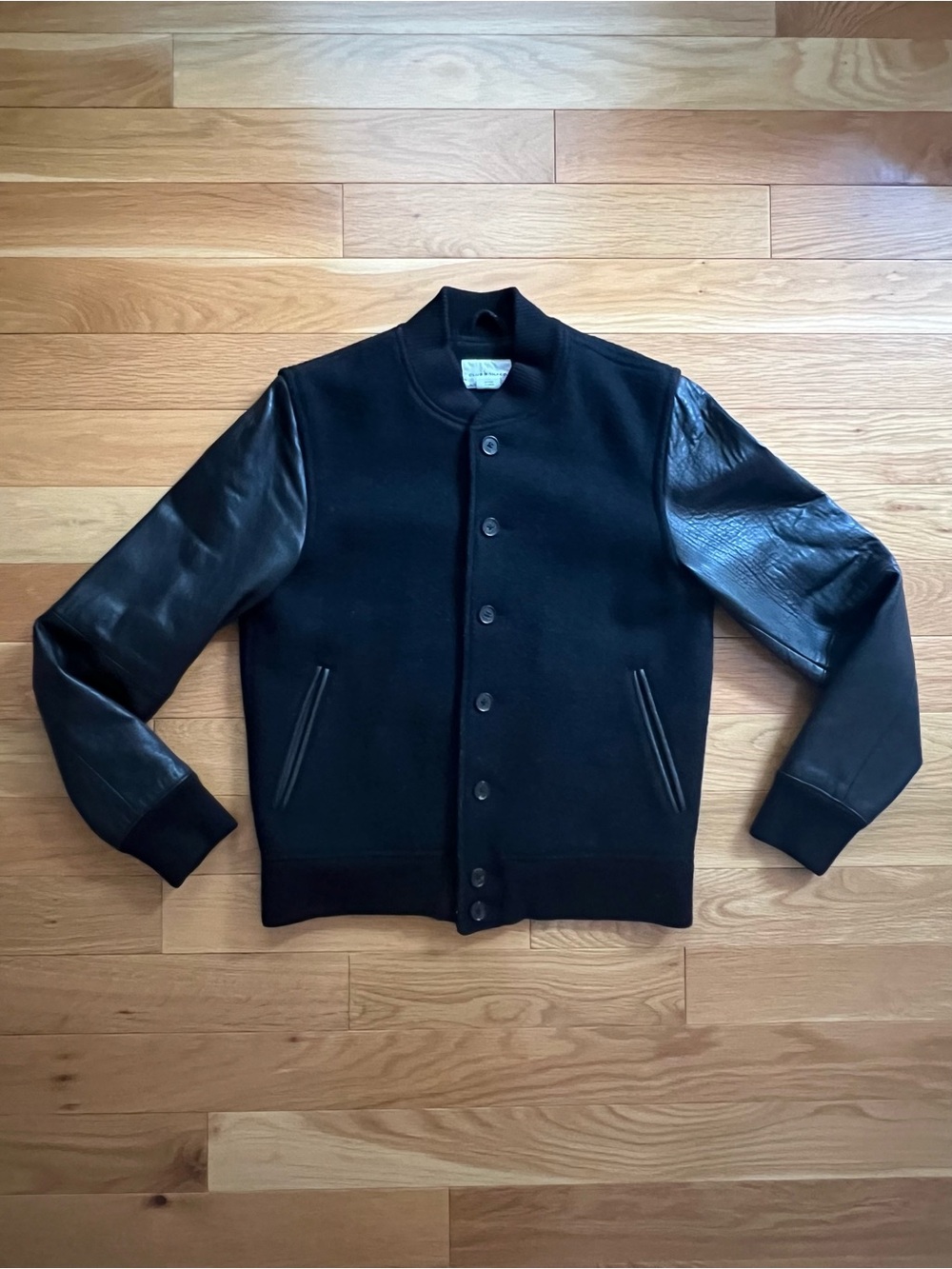 Club Monaco Black Wool and Leather Varsity Bomber Jacket